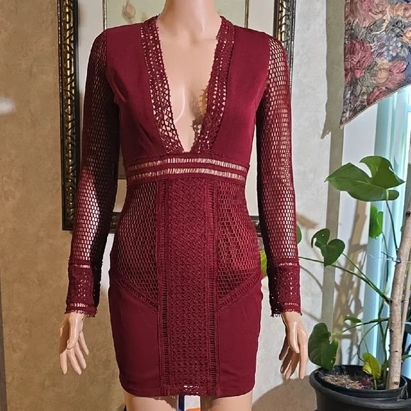 knee length dresses for ladies Long Sleeve Deep Plunge Mini Dress in Red - 4